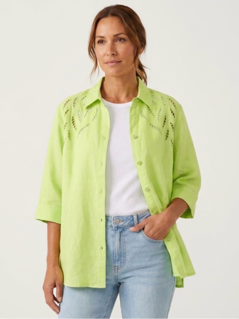 Lino USA 100% Linen Lime Green Cutout Leaf Tunic Shirt Shacket Size Women Large